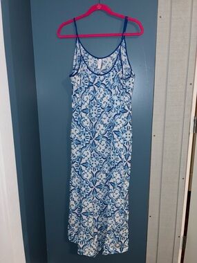 Blue & White Printed Maxi Slip Dress with Spaghetti Straps